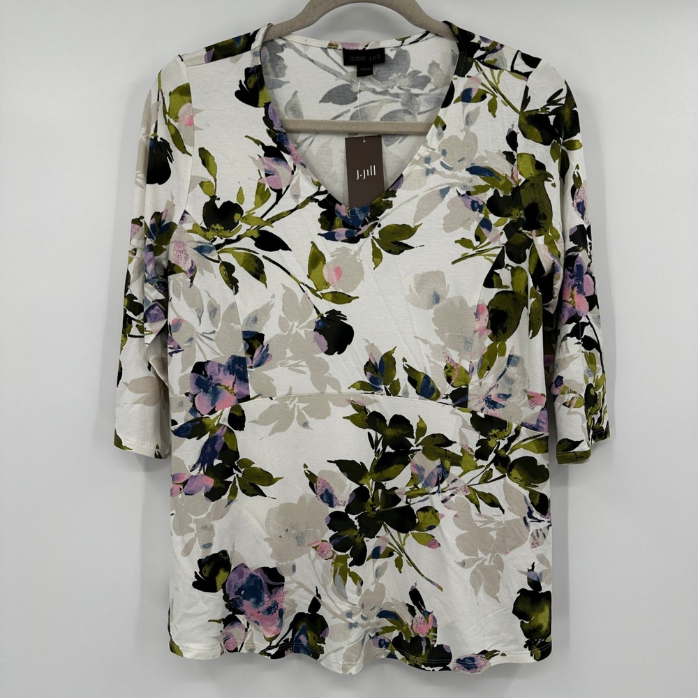 J Jill Wearever Floral V-Neck Tunic Top Cream Moon 3/4 Sleeve Small‎ NEW Garden